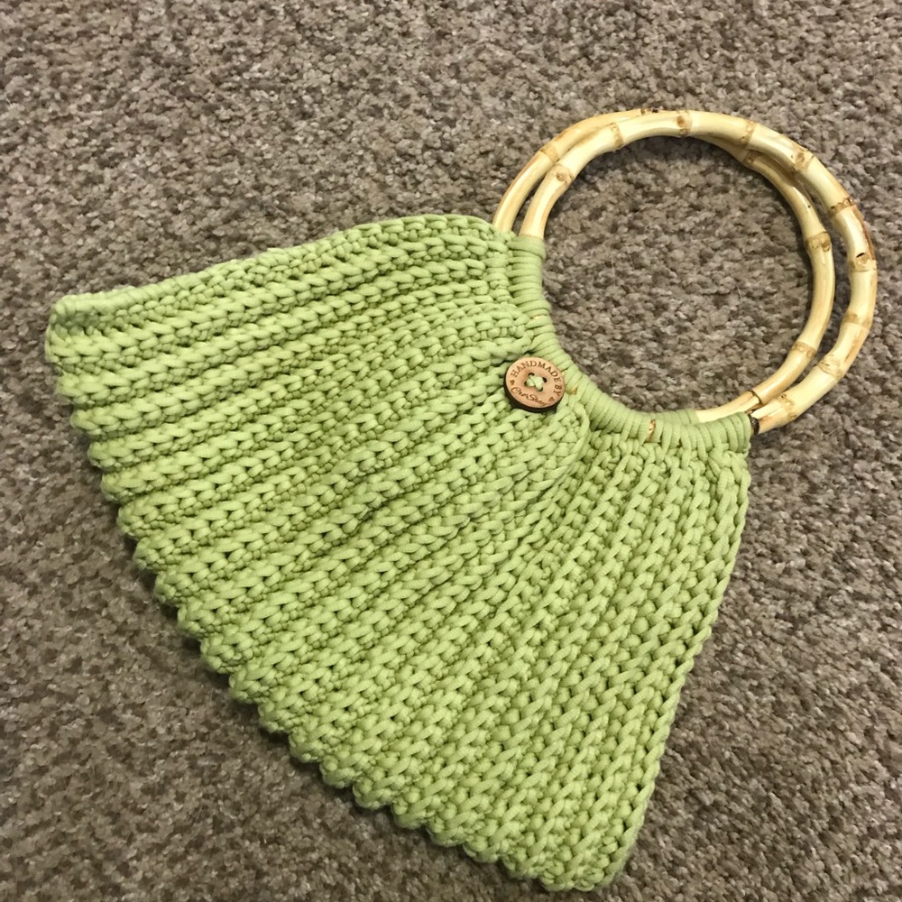 Handmade crochet bamboo handle purse in lime green